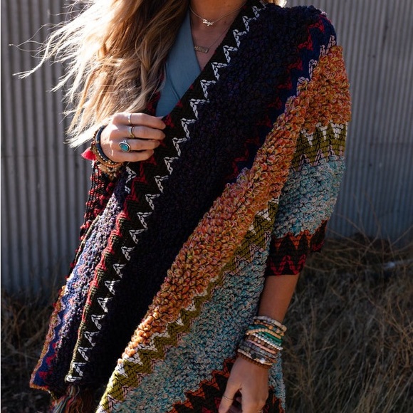 Colorful Crochet Patterned Ruana in Indigo - Picture 8 of 14